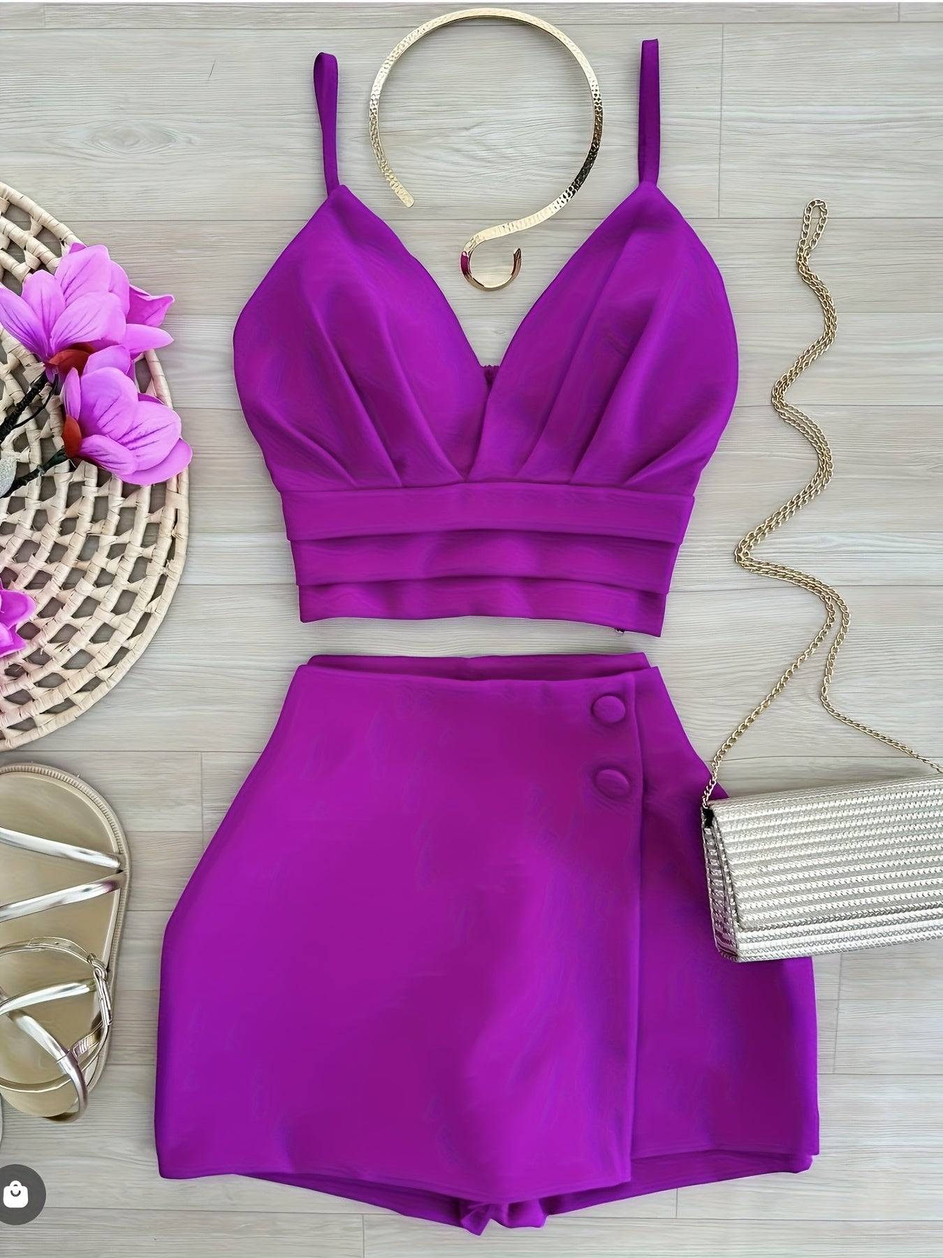 Women'S Elegant V-Neck Sleeveless Crop Top & High-Waisted Shorts Set - Vibrant Fuchsia Polyester with Button Detail, Golden Chain Strap & Clutch for Spring/Summer Casual Vacation Outfits, Vacation Outfit | Stylish Button Deta